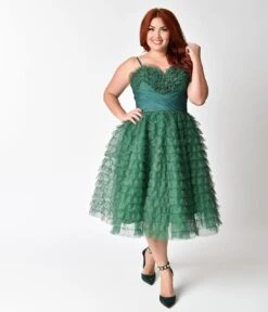 Unique Vintage Plus Size 1950s Emerald Green Ruffled Tulle Sweetheart Cupcake Swing Dress -Pleaser Clothing Store unique vintage plus size 1950s emerald green ruffled tulle sweetheart cupcake swing dress 502017