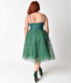 Unique Vintage Plus Size 1950s Emerald Green Ruffled Tulle Sweetheart Cupcake Swing Dress -Pleaser Clothing Store unique vintage plus size 1950s emerald green ruffled tulle sweetheart cupcake swing dress 566530