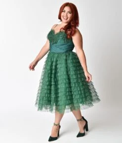 Unique Vintage Plus Size 1950s Emerald Green Ruffled Tulle Sweetheart Cupcake Swing Dress -Pleaser Clothing Store unique vintage plus size 1950s emerald green ruffled tulle sweetheart cupcake swing dress 861651