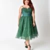 Unique Vintage Plus Size 1950s Emerald Green Ruffled Tulle Sweetheart Cupcake Swing Dress