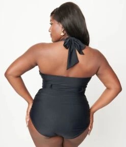 Unique Vintage Plus Size Black Belted Halter Swimsuit -Pleaser Clothing Store unique vintage plus size black belted halter swimsuit 479108