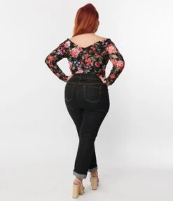 Unique Vintage Plus Size Black Denim Cuffed Jeans -Pleaser Clothing Store unique vintage plus size black denim cuffed jeans 520884