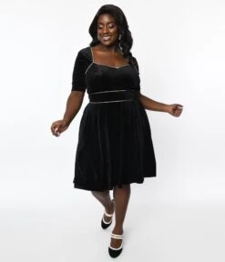 Unique Vintage Plus Size Black Floral Embossed Velvet Bolero Flare Dress -Pleaser Clothing Store unique vintage plus size black floral embossed velvet bolero flare dress 530692