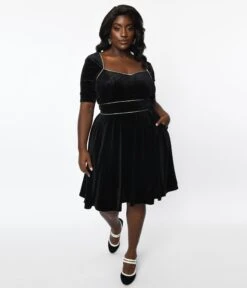 Unique Vintage Plus Size Black Floral Embossed Velvet Bolero Flare Dress -Pleaser Clothing Store unique vintage plus size black floral embossed velvet bolero flare dress 963274