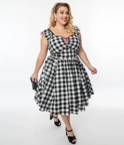 Unique Vintage Plus Size Black Gingham Cap Sleeve Swing Dress -Pleaser Clothing Store unique vintage plus size black gingham cap sleeve swing dress 225474