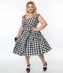Unique Vintage Plus Size Black Gingham Cap Sleeve Swing Dress -Pleaser Clothing Store unique vintage plus size black gingham cap sleeve swing dress 370237