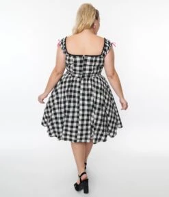 Unique Vintage Plus Size Black Gingham Cap Sleeve Swing Dress -Pleaser Clothing Store unique vintage plus size black gingham cap sleeve swing dress 892072