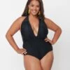 Unique Vintage Plus Size Black Halter Shirred Derek One Piece Swimsuit