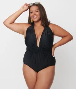 Unique Vintage Plus Size Black Halter Shirred Derek One Piece Swimsuit -Pleaser Clothing Store unique vintage plus size black halter shirred derek one piece swimsuit 791264