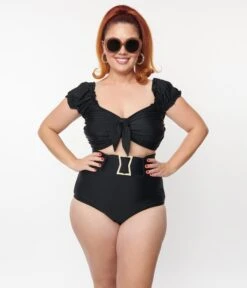Unique Vintage Plus Size Black High Waist Belted Swim Bottom -Pleaser Clothing Store unique vintage plus size black high waist belted swim bottom 507875