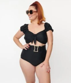 Unique Vintage Plus Size Black High Waist Belted Swim Bottom -Pleaser Clothing Store unique vintage plus size black high waist belted swim bottom 616453
