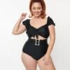 Unique Vintage Plus Size Black High Waist Belted Swim Bottom