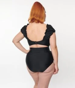 Unique Vintage Plus Size Black High Waist Belted Swim Bottom -Pleaser Clothing Store unique vintage plus size black high waist belted swim bottom 949455