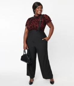 Unique Vintage Plus Size Black High Waist Suspender Pants