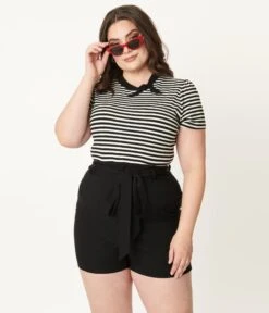 Unique Vintage Plus Size Black High Waist Tied & True Shorts -Pleaser Clothing Store unique vintage plus size black high waist tied true shorts 297752