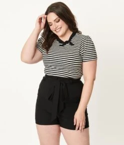 Unique Vintage Plus Size Black High Waist Tied & True Shorts -Pleaser Clothing Store unique vintage plus size black high waist tied true shorts 406398