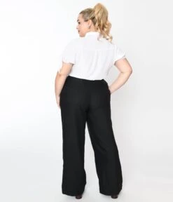 Unique Vintage Plus Size Black High Waist Wide Leg Tab Pants -Pleaser Clothing Store unique vintage plus size black high waist wide leg tab pants 620411