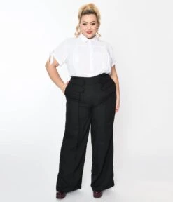 Unique Vintage Plus Size Black High Waist Wide Leg Tab Pants