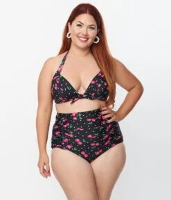 Unique Vintage Plus Size Black & Hot Pink Cherry Pin Dot Monroe Swim Bottom -Pleaser Clothing Store unique vintage plus size black hot pink cherry pin dot monroe swim bottom 391196