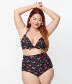 Unique Vintage Plus Size Black & Hot Pink Cherry Pin Dot Monroe Swim Bottom -Pleaser Clothing Store unique vintage plus size black hot pink cherry pin dot monroe swim bottom 457540