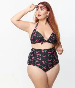Unique Vintage Plus Size Black & Hot Pink Cherry Pin Dot Monroe Swim Top -Pleaser Clothing Store unique vintage plus size black hot pink cherry pin dot monroe swim top 275601