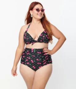 Unique Vintage Plus Size Black & Hot Pink Cherry Pin Dot Monroe Swim Top -Pleaser Clothing Store unique vintage plus size black hot pink cherry pin dot monroe swim top 431046