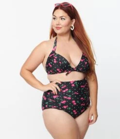 Unique Vintage Plus Size Black & Hot Pink Cherry Pin Dot Monroe Swim Top -Pleaser Clothing Store unique vintage plus size black hot pink cherry pin dot monroe swim top 435939