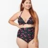 Unique Vintage Plus Size Black & Hot Pink Cherry Pin Dot Monroe Swim Top