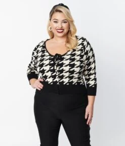 Unique Vintage Plus Size Black & Ivory Houndstooth Dandy Cardigan -Pleaser Clothing Store unique vintage plus size black ivory houndstooth dandy cardigan 847702