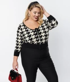 Unique Vintage Plus Size Black & Ivory Houndstooth Dandy Cardigan -Pleaser Clothing Store unique vintage plus size black ivory houndstooth dandy cardigan 911561