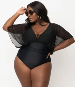 Unique Vintage Plus Size Black Mesh Sleeved Torrey Swimsuit -Pleaser Clothing Store unique vintage plus size black mesh sleeved torrey swimsuit 980385