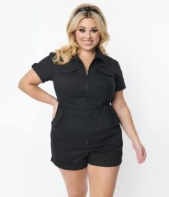 Unique Vintage Plus Size Black Mia Romper -Pleaser Clothing Store unique vintage plus size black mia romper 302105