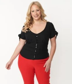 Unique Vintage Plus Size Black Noreen Top -Pleaser Clothing Store unique vintage plus size black noreen top 802413