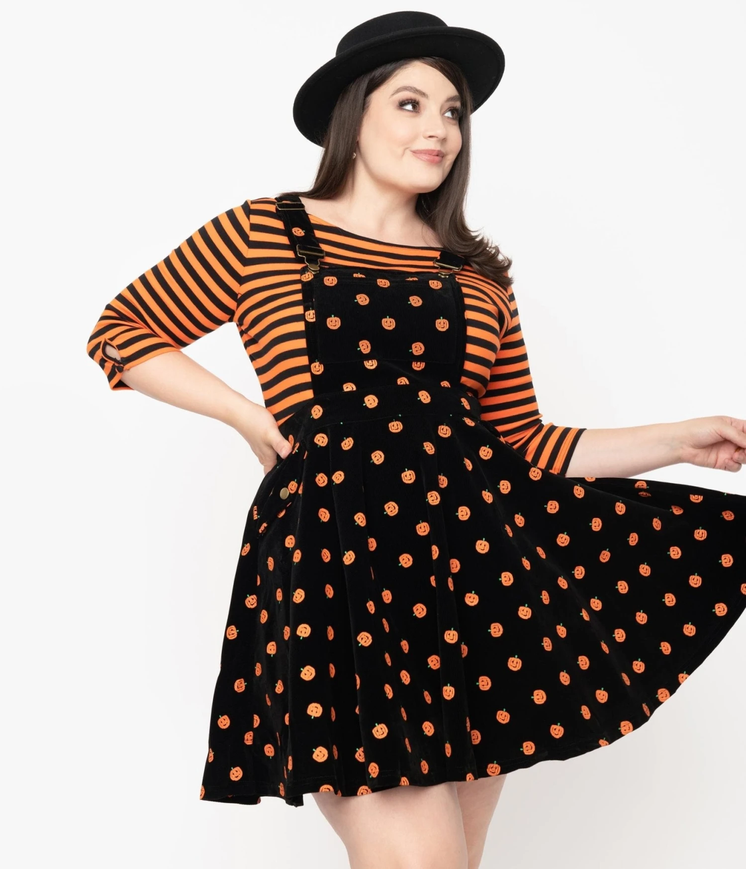 Unique Vintage Plus Size Black & Orange Pumpkin Patch Corduroy Brionne Pinafore Skirt 5 Unique Vintage Plus Size Black & Orange Pumpkin Patch Corduroy Brionne Pinafore Skirt - Image 5