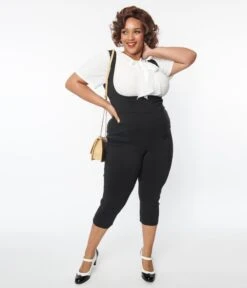 Unique Vintage Plus Size Black Pinafore Capris -Pleaser Clothing Store unique vintage plus size black pinafore capris 134026