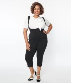 Unique Vintage Plus Size Black Pinafore Capris -Pleaser Clothing Store unique vintage plus size black pinafore capris 313520