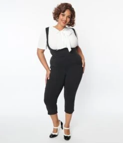 Unique Vintage Plus Size Black Pinafore Capris