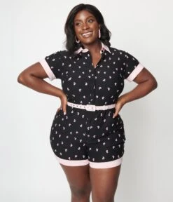 Unique Vintage Plus Size Black & Pink Broken Hearts Patsy Romper -Pleaser Clothing Store unique vintage plus size black pink broken hearts patsy romper 722912