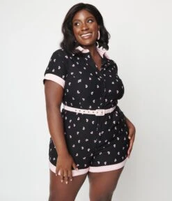 Unique Vintage Plus Size Black & Pink Broken Hearts Patsy Romper