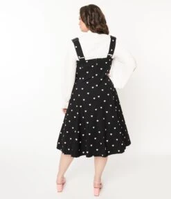 Unique Vintage Plus Size Black & Pink Heart Amma Suspender Swing Skirt -Pleaser Clothing Store unique vintage plus size black pink heart amma suspender swing skirt 209982