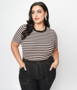 Unique Vintage Plus Size Black & Pink Striped Back To Basics Top -Pleaser Clothing Store unique vintage plus size black pink striped back to basics top 108356