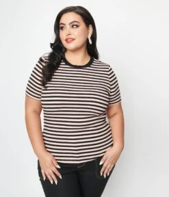 Unique Vintage Plus Size Black & Pink Striped Back To Basics Top -Pleaser Clothing Store unique vintage plus size black pink striped back to basics top 563208