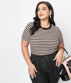 Unique Vintage Plus Size Black & Pink Striped Back To Basics Top