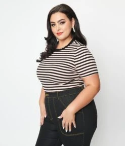 Unique Vintage Plus Size Black & Pink Striped Back To Basics Top -Pleaser Clothing Store unique vintage plus size black pink striped back to basics top 968928