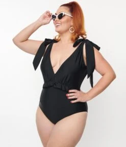 Unique Vintage Plus Size Black Plunge One Piece Swimsuit -Pleaser Clothing Store unique vintage plus size black plunge one piece swimsuit 520893