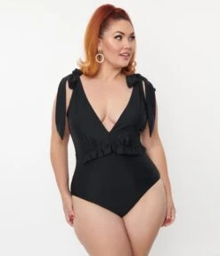 Unique Vintage Plus Size Black Plunge One Piece Swimsuit -Pleaser Clothing Store unique vintage plus size black plunge one piece swimsuit 644141