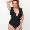 Unique Vintage Plus Size Black Plunge One Piece Swimsuit