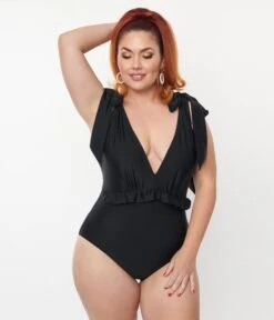Unique Vintage Plus Size Black Plunge One Piece Swimsuit