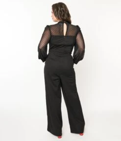Unique Vintage Plus Size Black & Polka Dot Long Sleeve Jumpsuit -Pleaser Clothing Store unique vintage plus size black polka dot long sleeve jumpsuit 216442