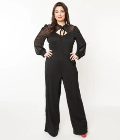 Unique Vintage Plus Size Black & Polka Dot Long Sleeve Jumpsuit